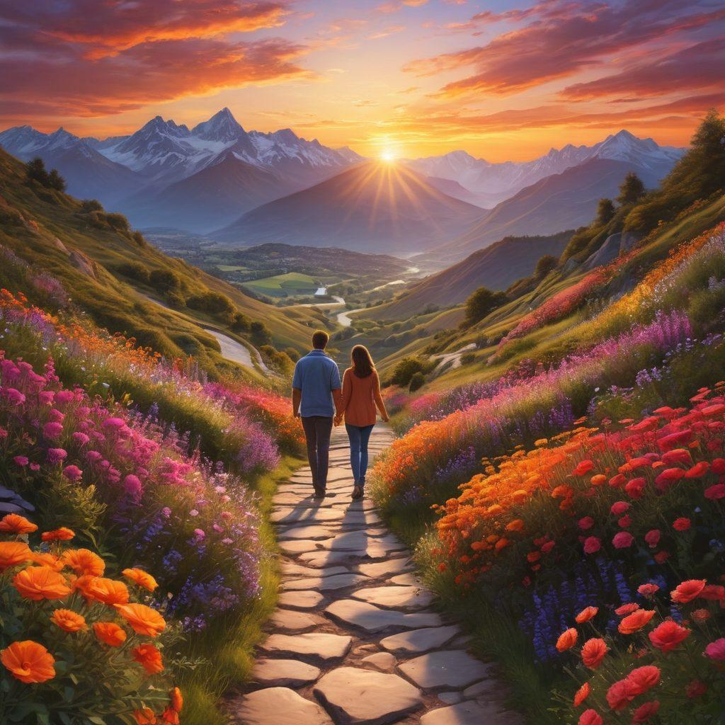 A beautiful sunset over a winding path adorned with colorful flowers, symbolizing the journey of love. A couple holds hands while walking, radiating joy and togetherness. Soft, warm light envelopes them, highlighting their expressions of love and commitment. In the distance, silhouettes of mountains add a sense of adventure. super-realistic. vibrant colors. romantic atmosphere.