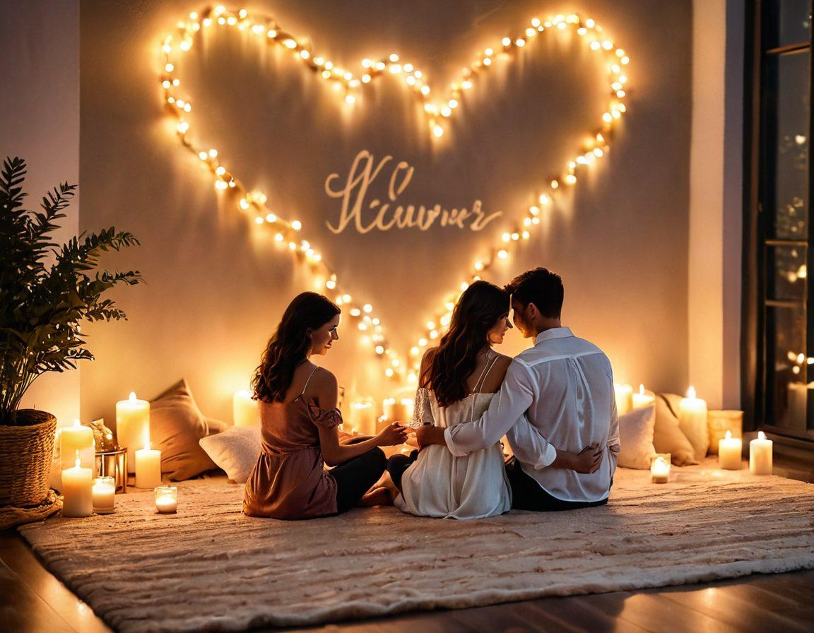 A romantic setting with a couple sitting close together on a soft rug, surrounded by candles and soft pillows, their hands intertwined, eyes locked in deep conversation. In the background, a warm glow from fairy lights creates an intimate atmosphere. Include subtle heart shapes in the bokeh effect and add hints of nature with soft floral elements. painting. warm colors. soft focus.